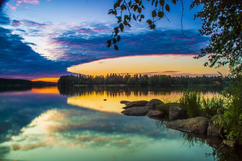 Sunset over Lake — Blue, Serene, Photograph, Trees, Rocks