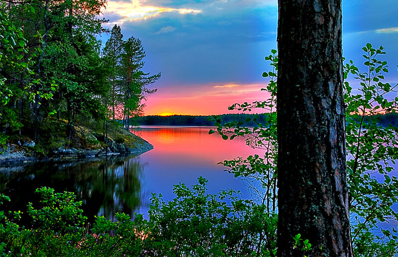 Sunset over Lake — Blue, Serene, Photograph, Trees, Sky, Forest