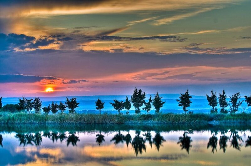 Sunset over Lake — Blue, Serene, Photograph, Trees, Sky, Reflection