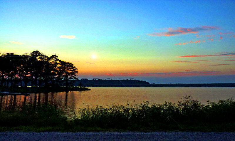Sunset over Lake — Blue, Serene, Photograph, Trees, Sky, Water, Orange, Green