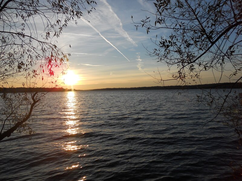 Sunset over Lake — Blue, Serene, Photograph, Trees, Sky, Water, Sun
