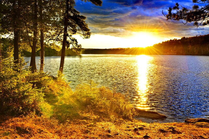 Sunset over Lake — Blue, Serene, Photograph, Trees, Sun, Sky