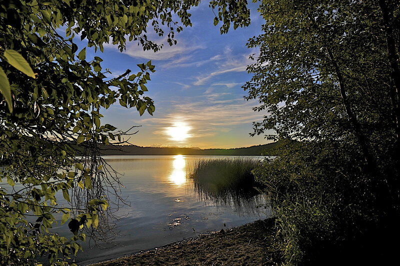 Sunset over Lake — Blue, Serene, Photograph, Trees, Water