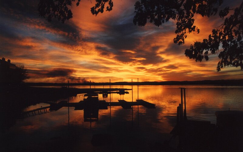 Sunset over Lake Dock — Orange, Dramatic