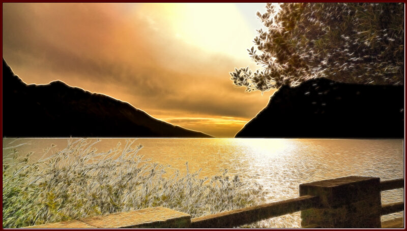 Sunset over Lake — Gold, Dramatic, Digital Art