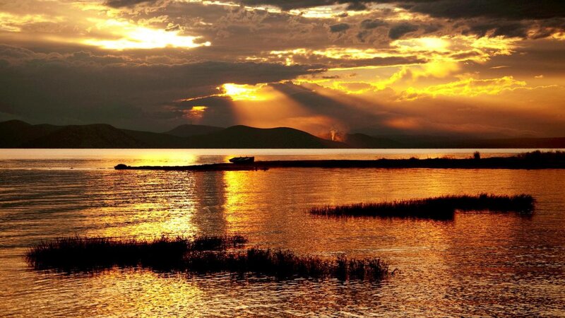 Sunset over Lake — Gold, Dramatic, Photograph, Boat