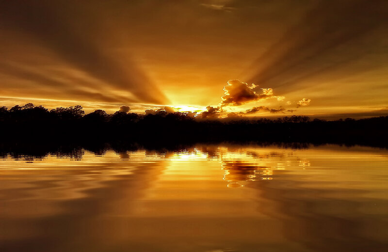 Sunset over Lake — Gold, Dramatic, Photograph, Clouds, Trees