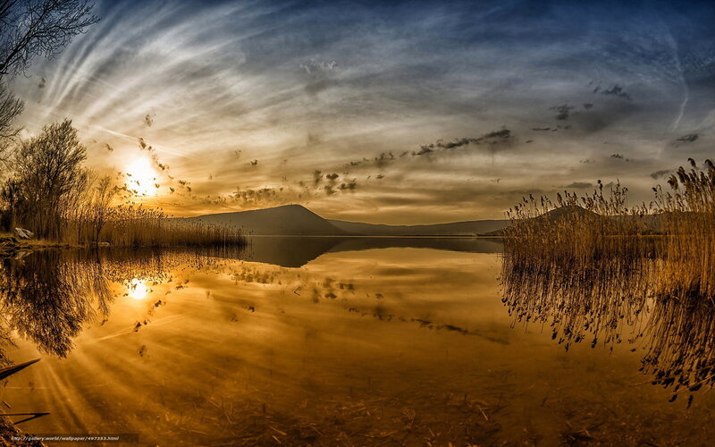 Sunset over Lake — Gold, Serene, Photograph, Mountain, Reeds