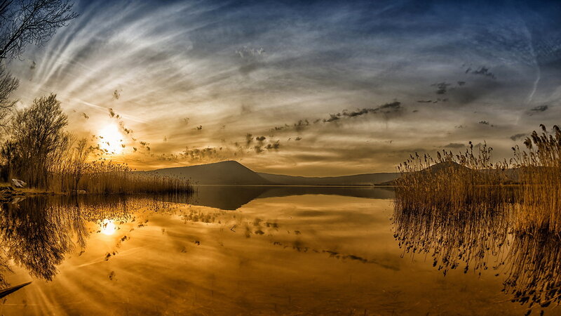 Sunset over Lake — Gold, Serene, Photograph, Mountain
