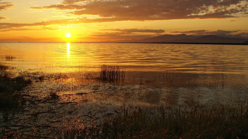 Sunset over Lake — Gold, Serene, Photograph, Mountains, Sky
