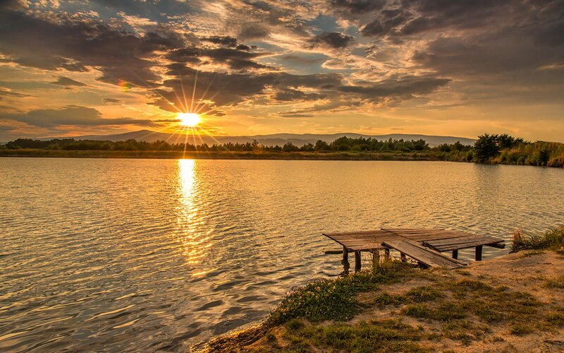 Sunset over Lake — Gold, Serene, Photograph, Sun, Dock
