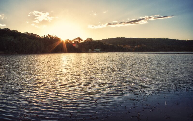 Sunset over Lake — Gold, Serene, Photograph, Sun, Trees