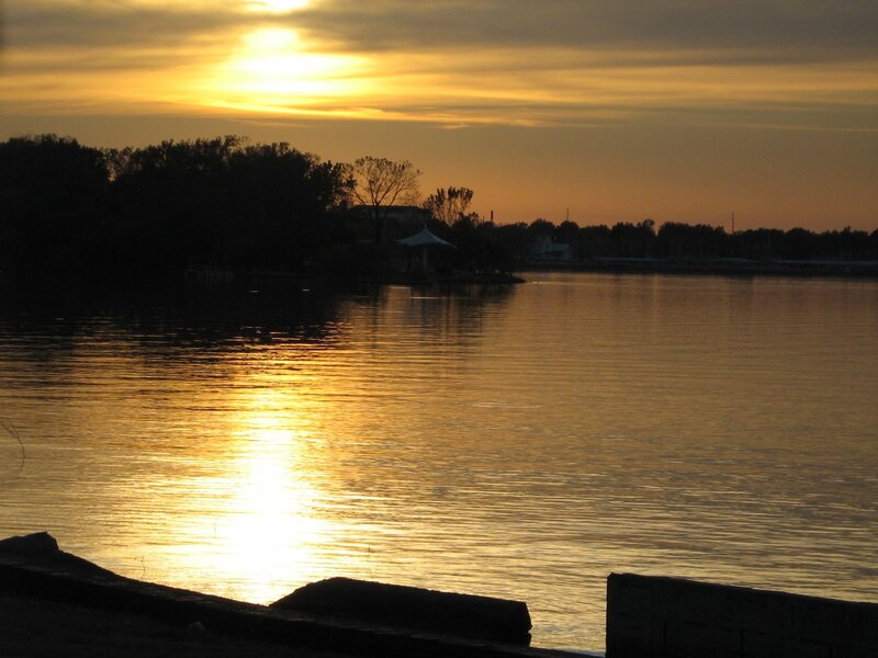 Sunset over Lake — Gold, Serene, Photograph, Trees, Pavilion