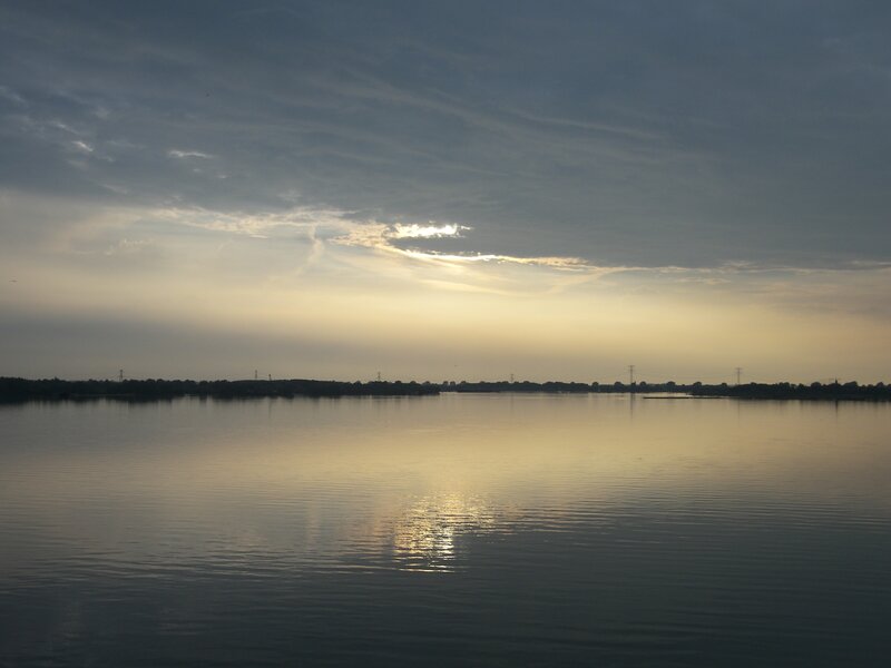 Sunset over Lake — Gray, Serene, Photograph, Clouds