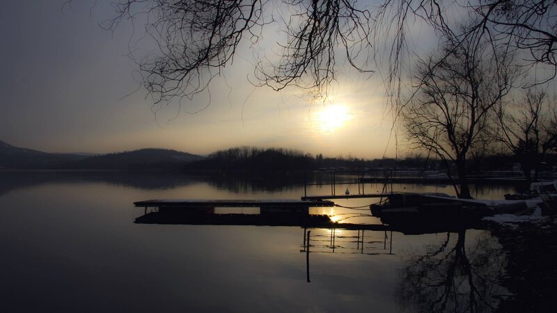 Sunset over Lake — Gray, Serene, Photograph, Dock