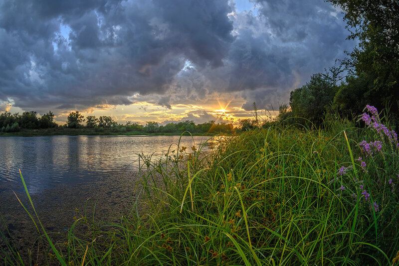 Sunset over Lake — Green, Dramatic, Photograph, Clouds
