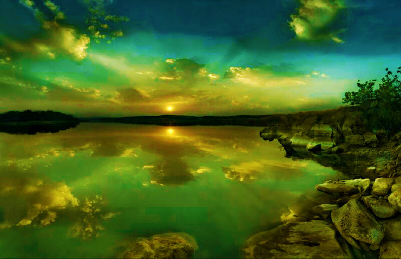 Sunset over Lake — Green, Dramatic, Photograph