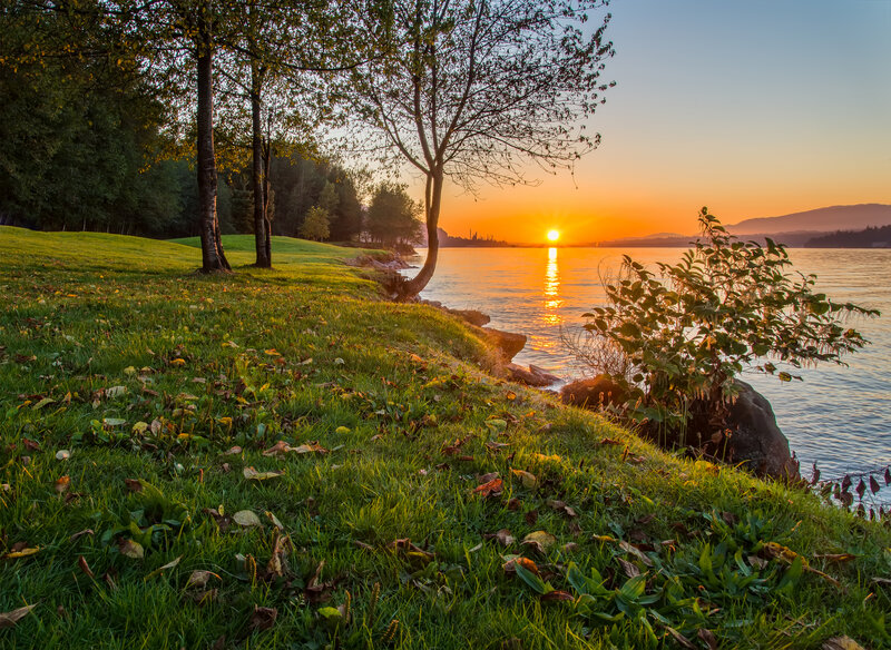 Sunset over Lake — Green, Serene, Photograph, Trees, Grass