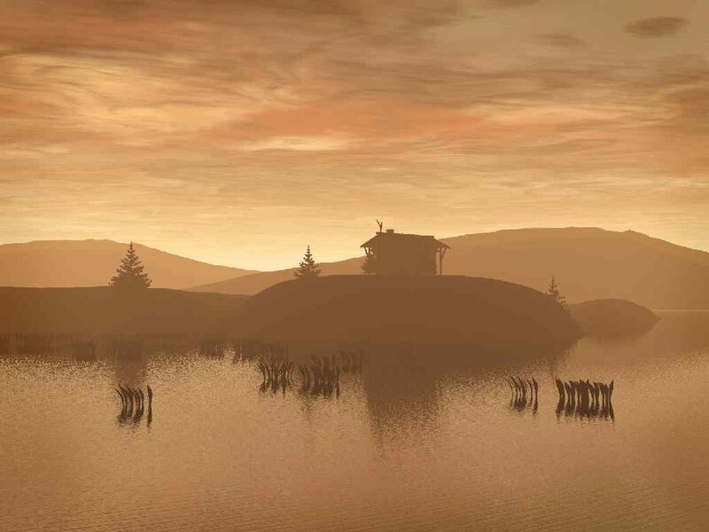 sunset over lake house