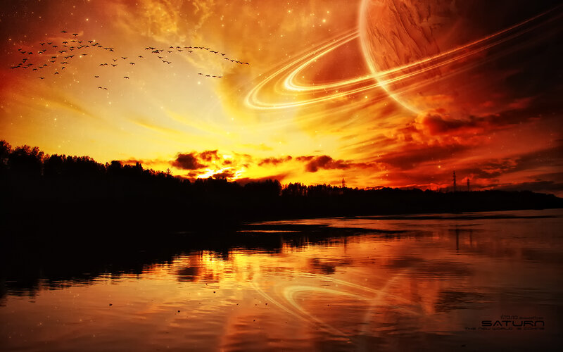 Sunset over Lake — Orange, Dramatic, Digital Art, Birds