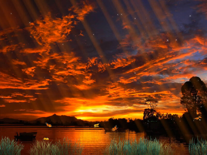 Sunset over Lake — Orange, Dramatic, Digital Art, Butterflies