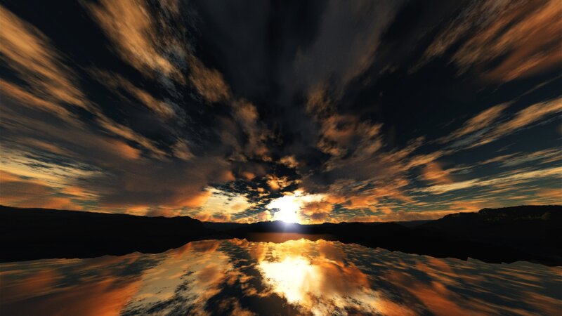 Sunset over Lake — Orange, Dramatic, Digital Art, Clouds, Mountains, Reflection
