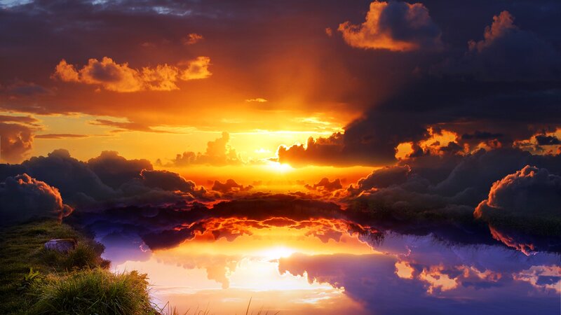 Sunset over Lake — Orange, Dramatic, Digital Art, Clouds, Sky