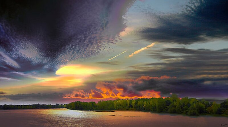 Sunset over Lake — Orange, Dramatic, Digital Art, Clouds, Trees