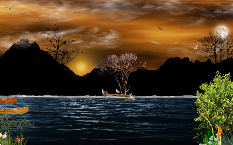 Sunset over Lake — Orange, Dramatic, Digital Art, Mountains, Birds