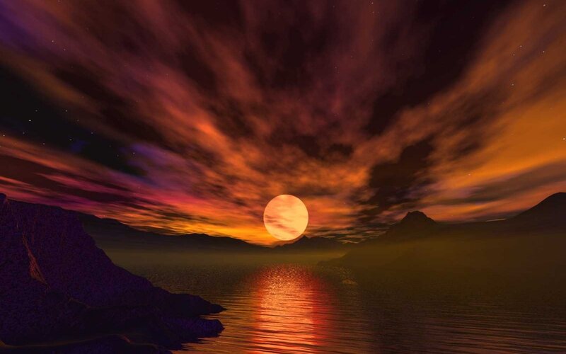 Sunset over Lake — Orange, Dramatic, Digital Art, Mountains, Clouds