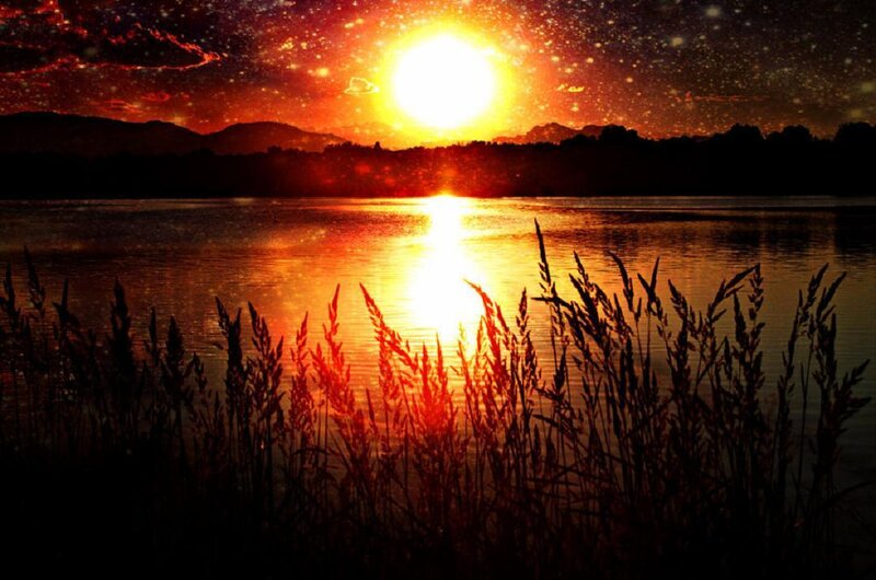 Sunset over Lake — Orange, Dramatic, Digital Art, Mountains, Grass