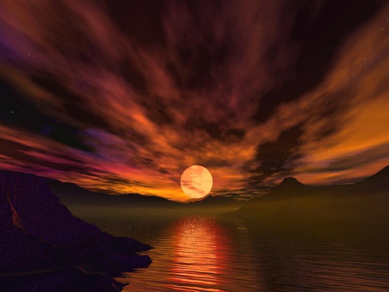Sunset over Lake — Orange, Dramatic, Digital Art, Mountains, Sun