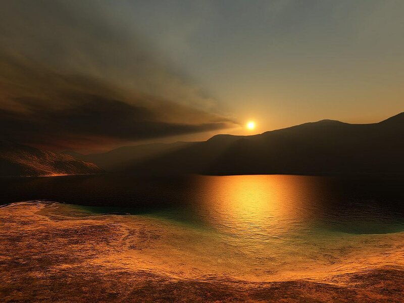 Sunset over Lake — Orange, Dramatic, Digital Art, Mountains