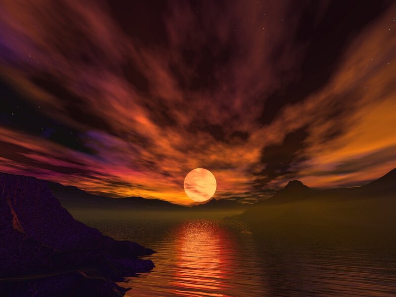 Sunset over Lake — Orange, Dramatic, Digital Art, Sun, Mountains, Clouds