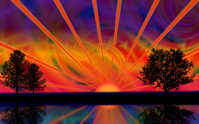 Sunset over Lake — Orange, Dramatic, Digital Art, Trees