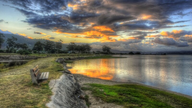 Sunset over Lake — Orange, Dramatic, Photograph, Bench, Clouds