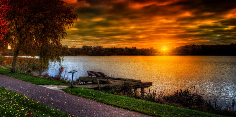 Sunset over Lake — Orange, Dramatic, Photograph, Bench