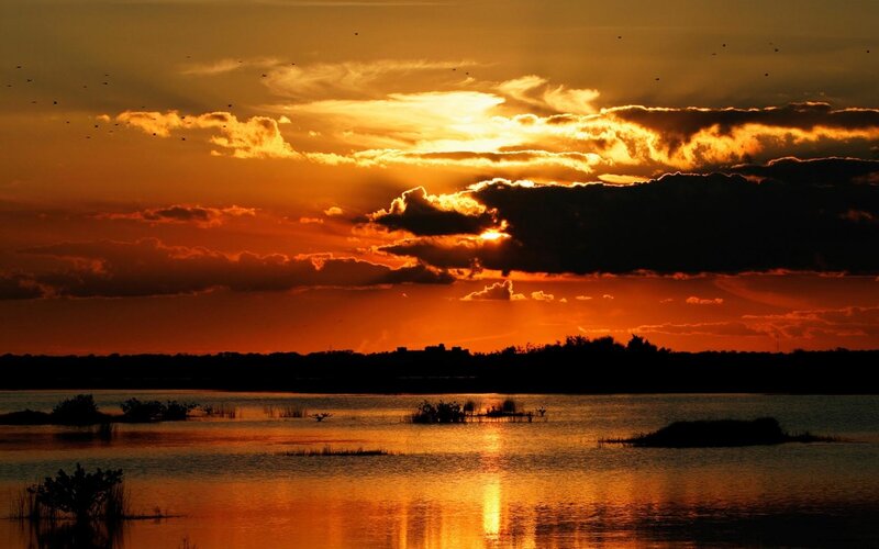 Sunset over Lake — Orange, Dramatic, Photograph, Clouds, Birds