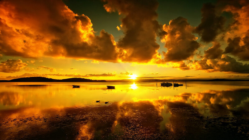 Sunset over Lake — Orange, Dramatic, Photograph, Clouds, Boats