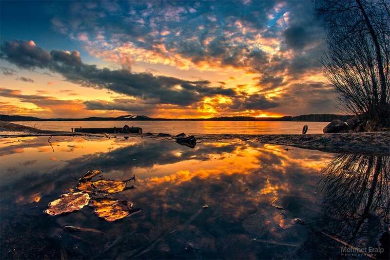 Sunset over Lake — Orange, Dramatic, Photograph, Clouds, Leaves