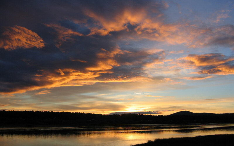 Sunset over Lake — Orange, Dramatic, Photograph, Clouds, Mountain