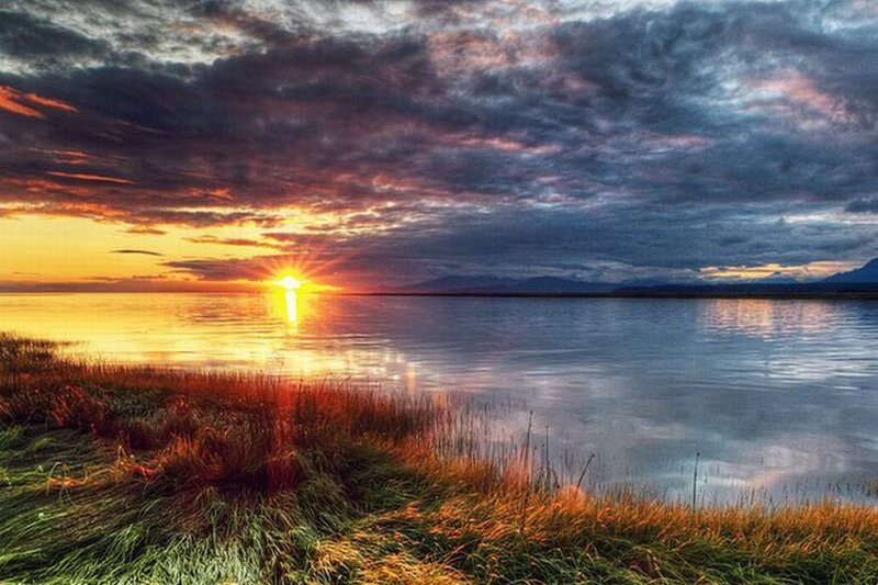 Sunset over Lake — Orange, Dramatic, Photograph, Clouds, Mountains, Grass