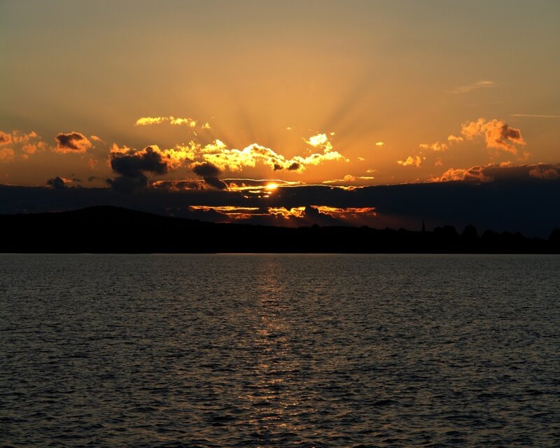 Sunset over Lake — Orange, Dramatic, Photograph, Clouds, Mountains, Sun
