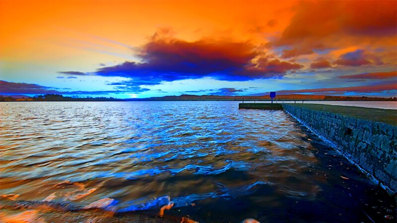 Sunset over Lake — Orange, Dramatic, Photograph, Clouds, Pier