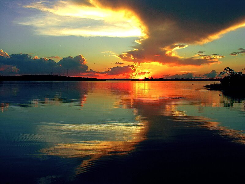 Sunset over Lake — Orange, Dramatic, Photograph, Clouds, Sky