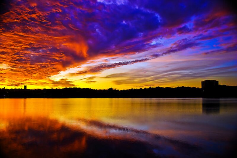Sunset over Lake — Orange, Dramatic, Photograph, Clouds, Sky, Trees
