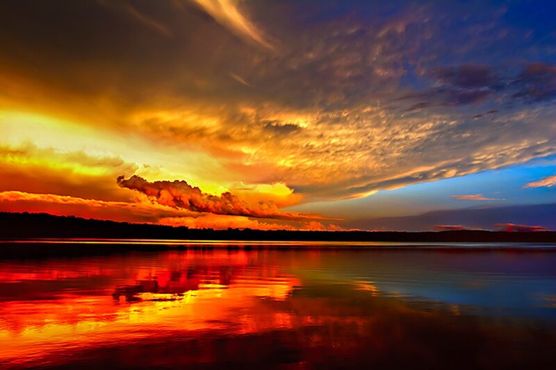 Sunset over Lake — Orange, Dramatic, Photograph, Clouds, Sky, Water