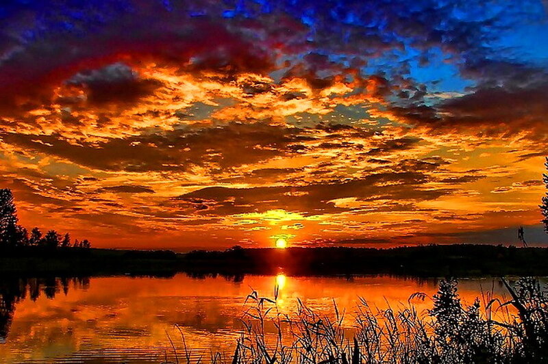 Sunset over Lake — Orange, Dramatic, Photograph, Clouds, Sun