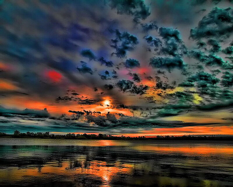 Sunset over Lake — Orange, Dramatic, Photograph, Clouds, Sun, Trees