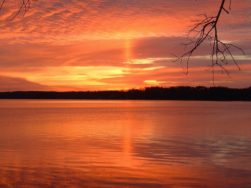 Sunset over Lake — Orange, Dramatic, Photograph, Clouds, Tree Branches